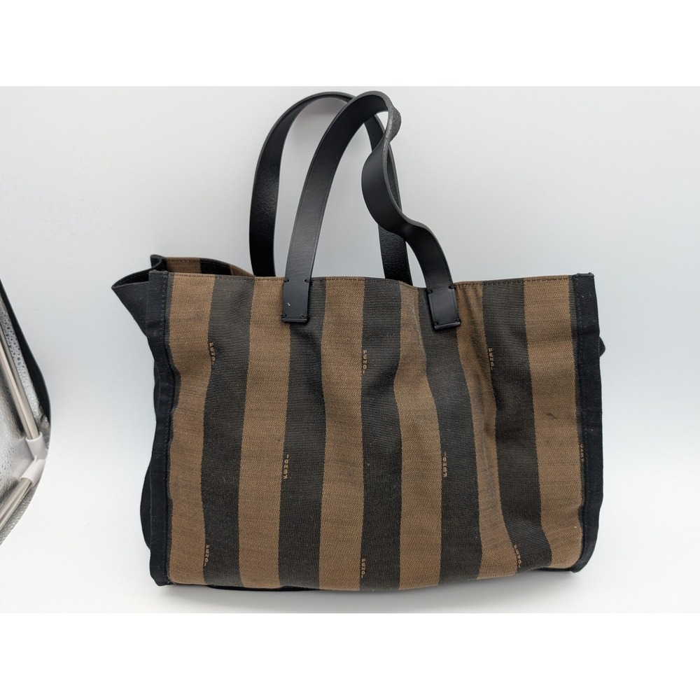 Fendi Pequin Striped Canvas Tote Bag Tobacco Brown Black Leather Trim Italy